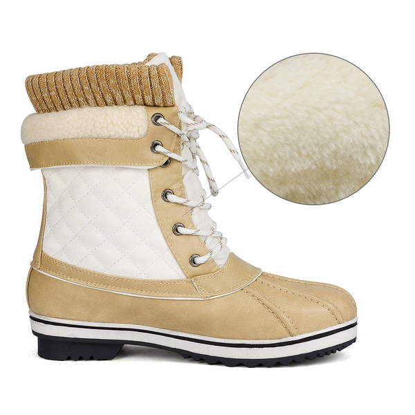 Mid Calf Lace Up Snow Boots - BEIGE WHITE - 3